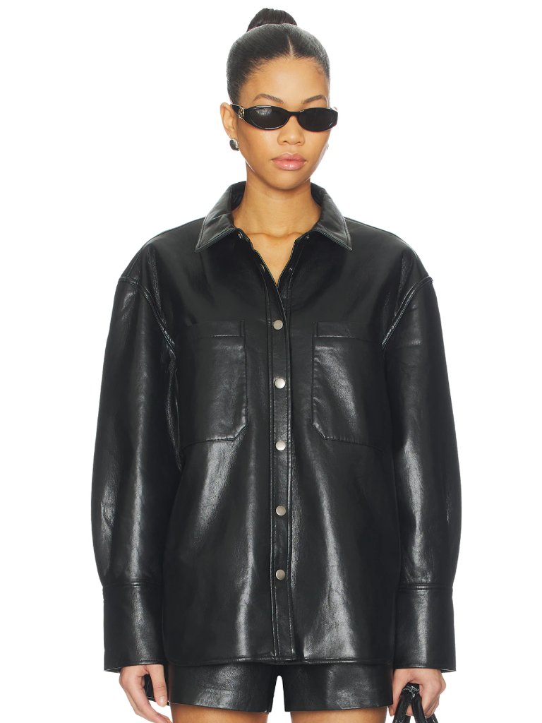 Anine Bing Dante Shirt In Black Vegan Leather Button Down Long Sleeve Blouse